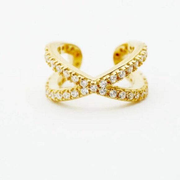 Gold Crossed Ear Cuff Adjustable No Piercing 18K Gold Plated CZ Crystals Earring - Picture 9 of 10